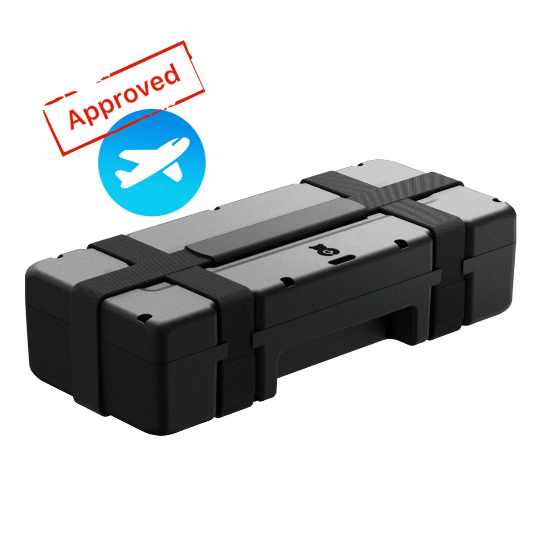 The Paiseec Batteries For S3 Mobility Scooter come in a black hard-shell case with reinforced corners and a handle, featuring an airline-approved blue airplane icon and red Approved stamp—perfect for travel battery transport.